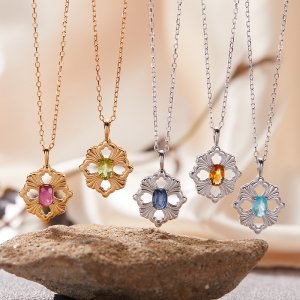 S925 Sterling Silver Natural Gemstone Necklace Vintage Brushed Metal Clavicle Chain
